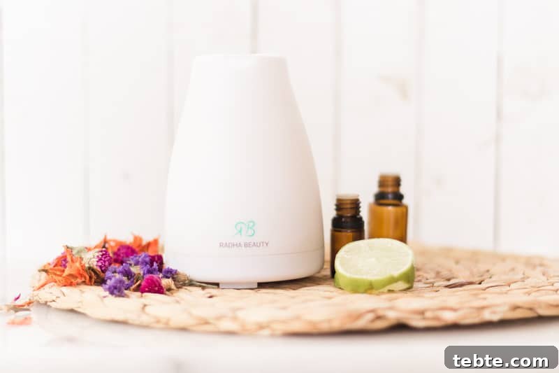 Tropical Essential Oil Diffuser Blends for Uplifting Scents 5 Essential oil diffuser with tropical fruits and dried flowers.