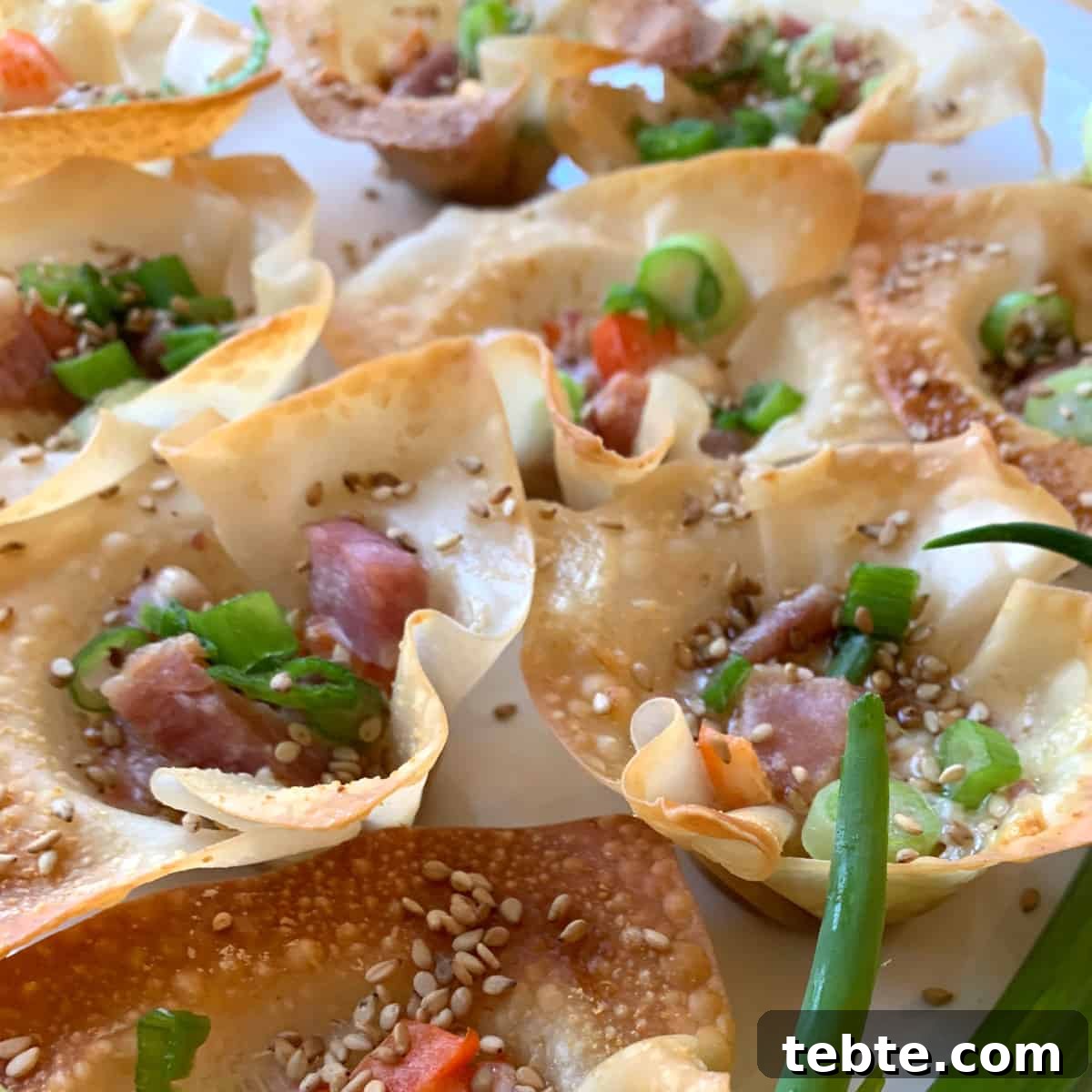 Crispy Pork Wonton Stars: Bite-Sized Appetizer Recipe 6 Pork wonton stars arranged on a platter with diced ham and green onions.