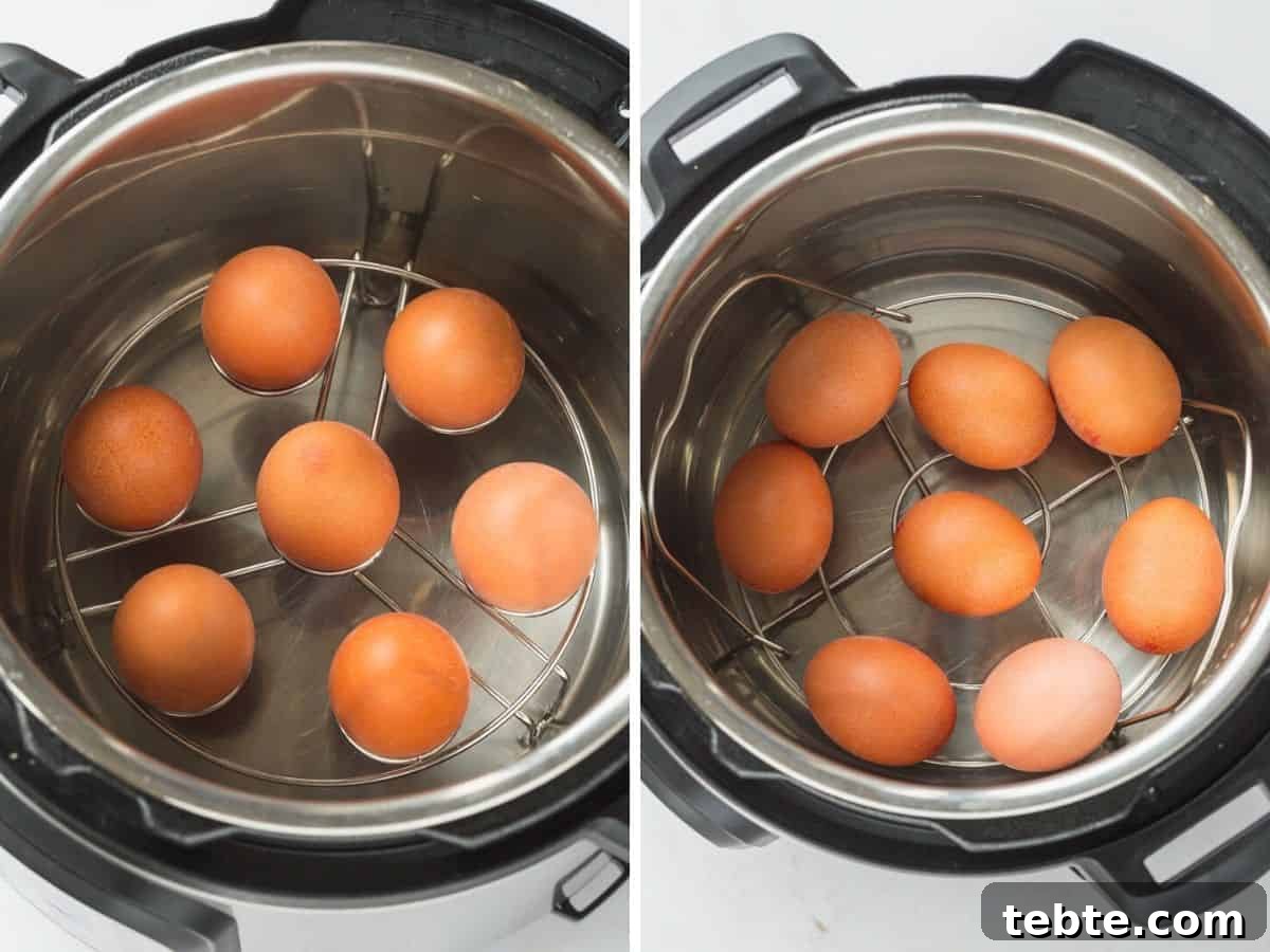 Perfect Hard-Boiled Eggs in the Instant Pot: Quick Guide 3 2 pictures of instant pot with trivet, and egg steamer rack, and eggs