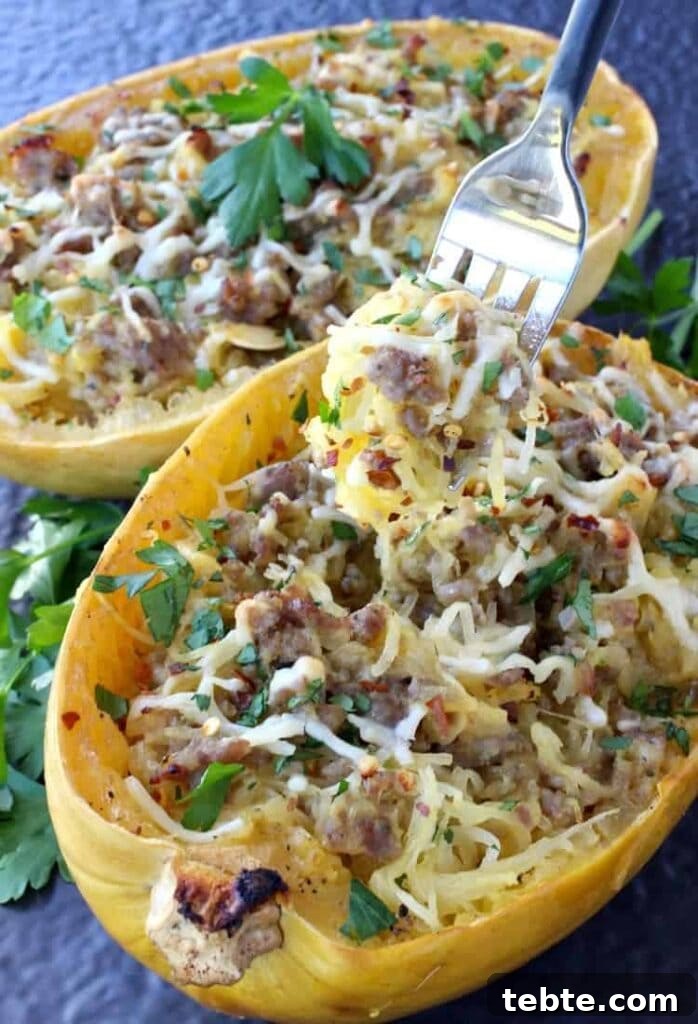 Delicious Vegetables Even Picky Eaters Will Love 8 Sausage SPaghetti Squash with Apple Cider Glaze is loaded with sausage and cheese!