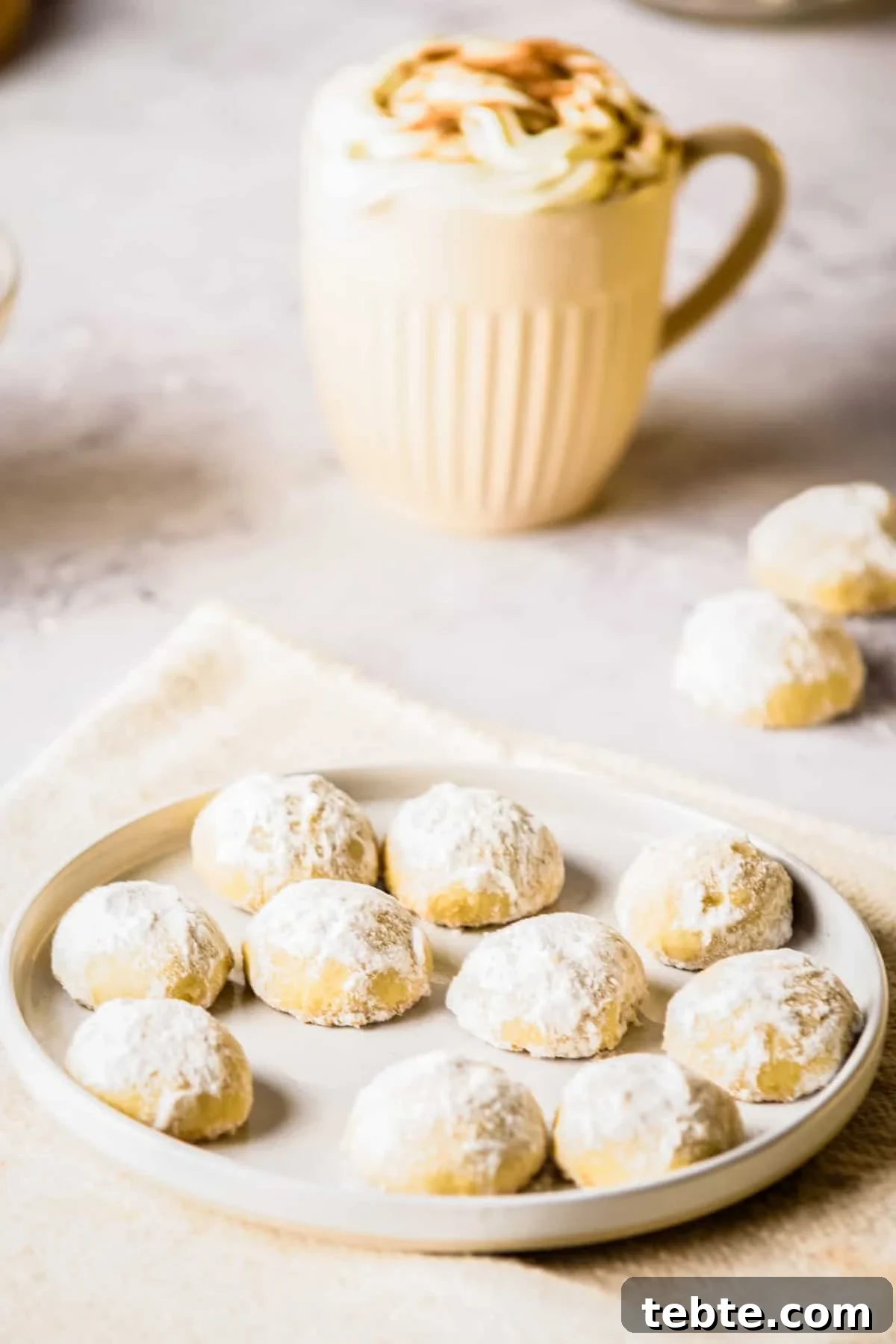 Close up view of holiday butter cookies on a white plate, with mug of hot chocolate in the background.