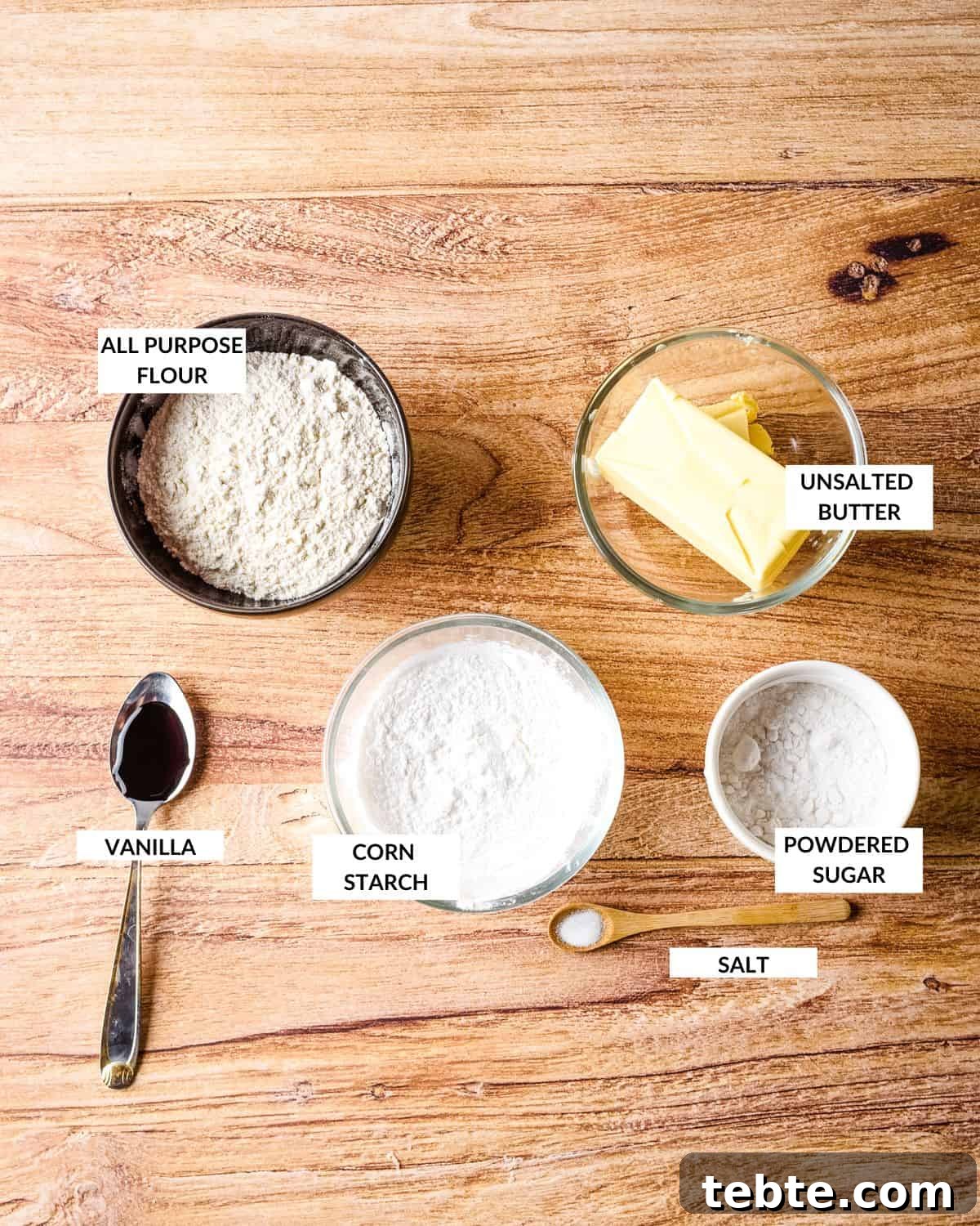 Labeled ingredient list for holiday butter cookies - check recipe card for details.