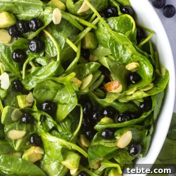 10-Minute Blueberry & Spinach Salad with Sweet Honey Vinaigrette 10 Close up of a large white salad bowl with spinach blueberry salad in it, with ingredients off to the sides.