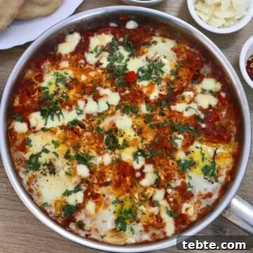 shakshuka in a skillet. It is garnished with cheese and cilantro. Served with salad and cheese on the side.