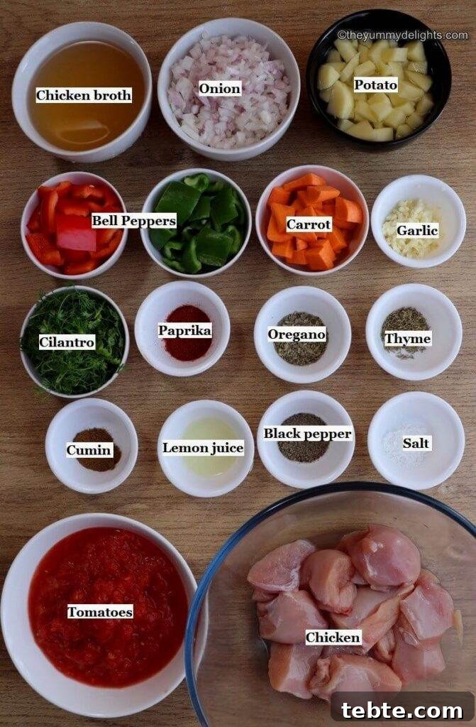 Mediterranean Chicken Stew with Olives, Tomatoes & Herbs 3 individually labeled ingredients to make mediterranean chicken stew laid out on a table.