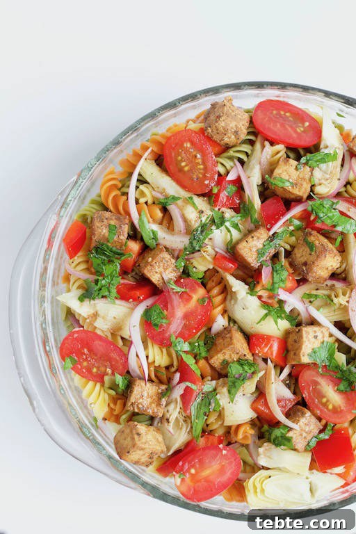 Balsamic Pasta Salad with Tofu Close Up Overhead