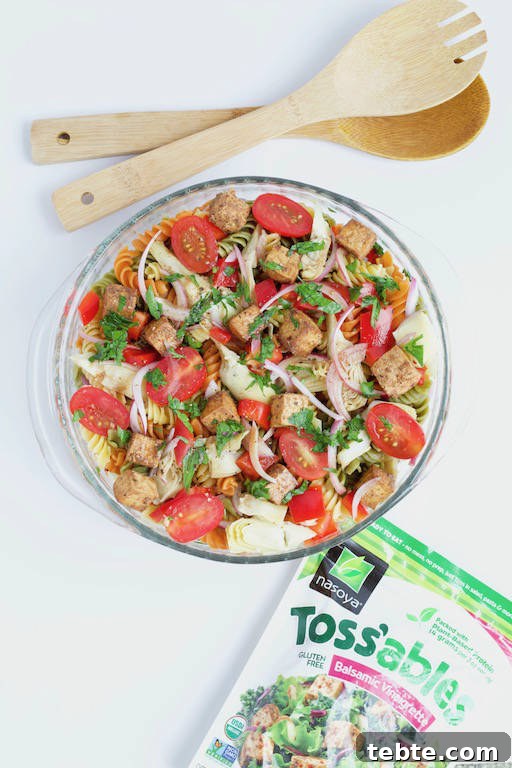 Balsamic Pasta Salad with Tofu in Glass Bowl Overhead