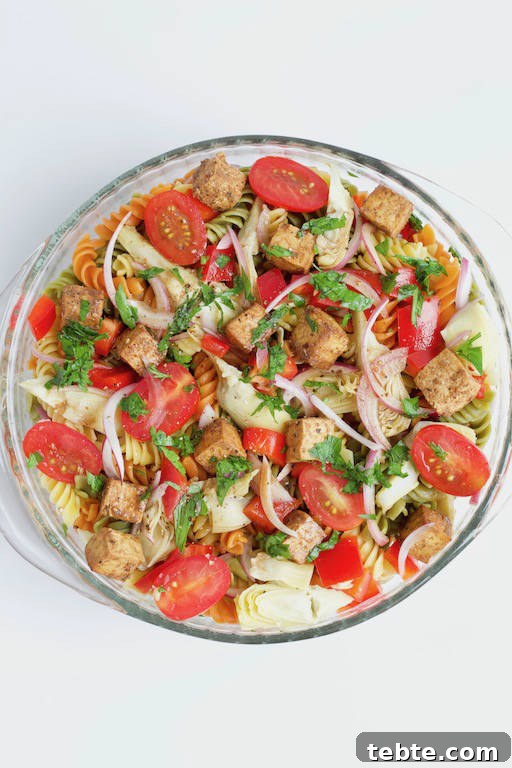 Balsamic Pasta Salad with Tofu in Glass Bowl