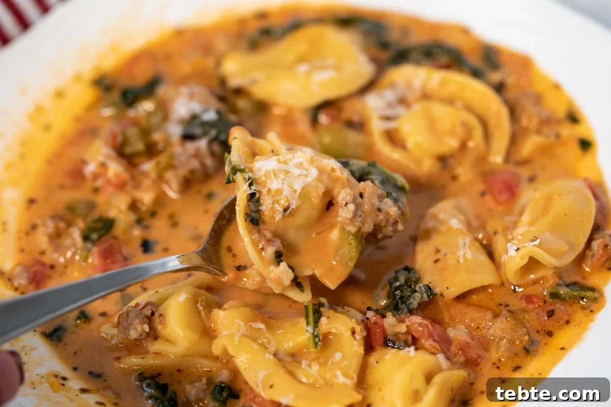 Bowl of spicy tortellini soup with a spoon.
