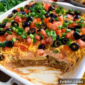 Authentic Mexican 7-Layer Bean Dip Recipe for Entertaining 6 7 layer dip made with refried beans, salsa, sour cream, guacamole, cheese, olives, tomatoes, and green onions.