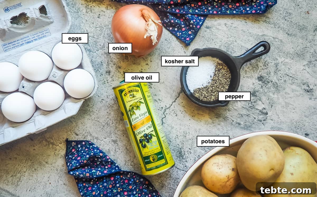 Authentic Spanish Tortilla: Traditional Egg and Potato Recipe 3 The ingredients of a Spanish tortilla, labeled.