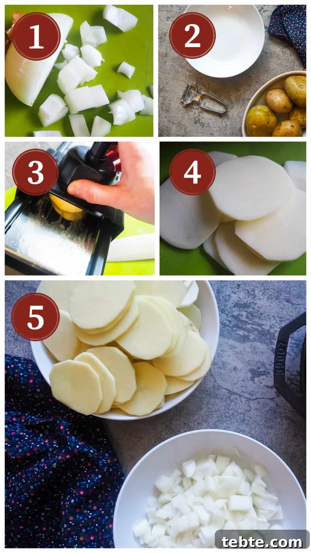Authentic Spanish Tortilla: Traditional Egg and Potato Recipe 4 A collage of images showing the process of making a Spanish tortilla, steps 1 - 5.