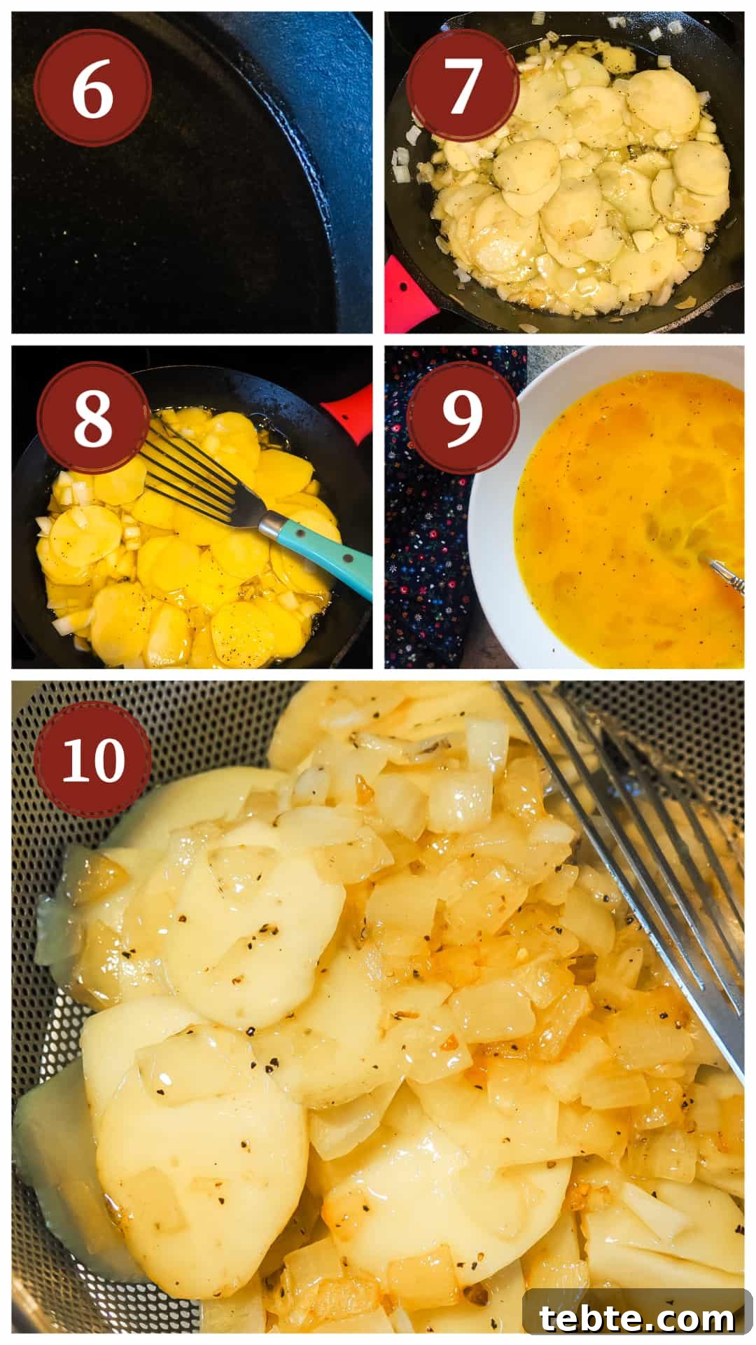 Authentic Spanish Tortilla: Traditional Egg and Potato Recipe 5 A collage of images showing the process of making a Spanish tortilla, steps 6 - 10.
