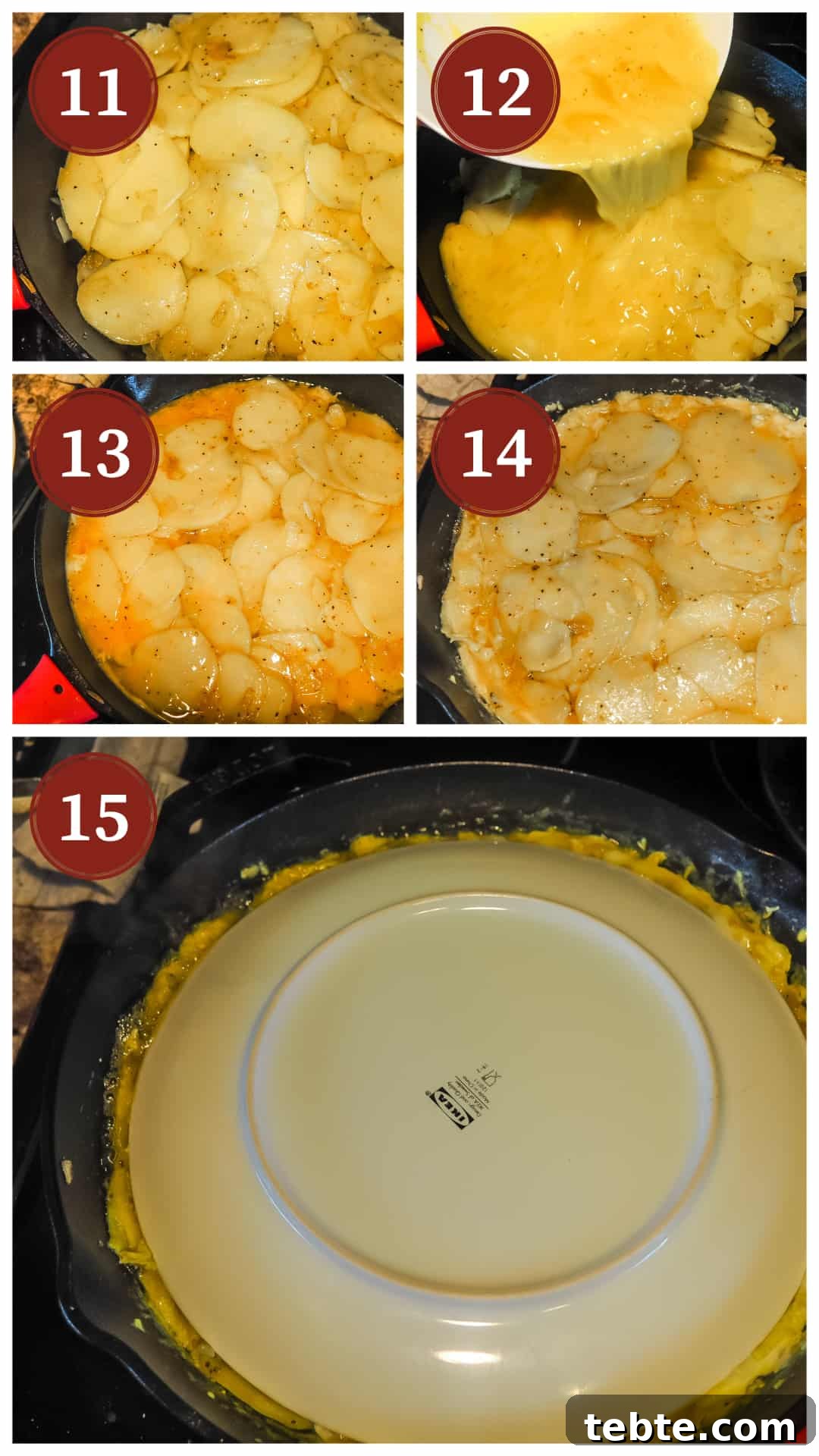 Authentic Spanish Tortilla: Traditional Egg and Potato Recipe 6 A collage of images showing the process of making a Spanish tortilla, steps 11 - 15.