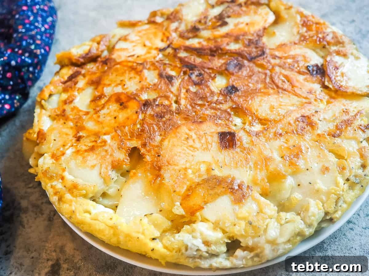 Authentic Spanish Tortilla: Traditional Egg and Potato Recipe 7 A Spanish tortilla on a white plate on a concrete board.