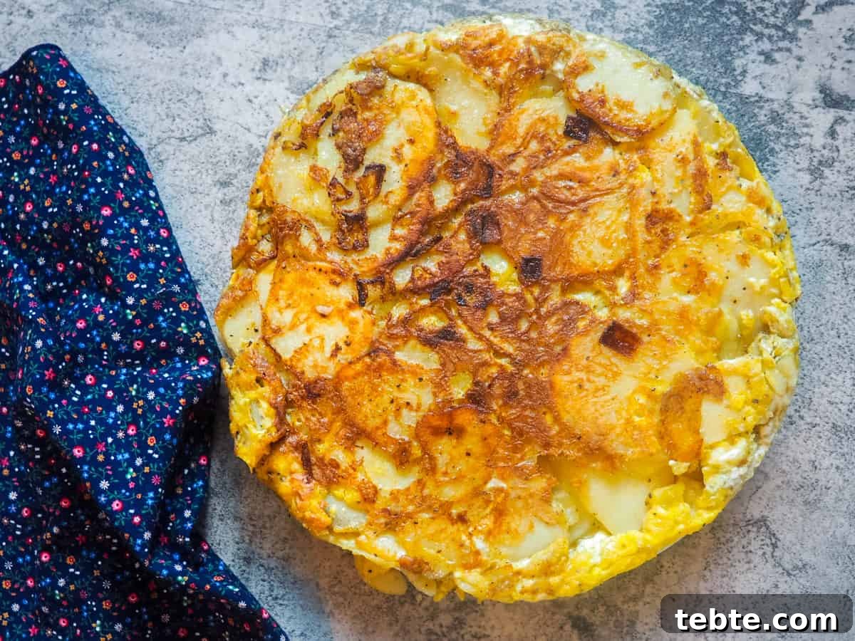 Authentic Spanish Tortilla: Traditional Egg and Potato Recipe 8 A Spanish tortilla on a concrete board.