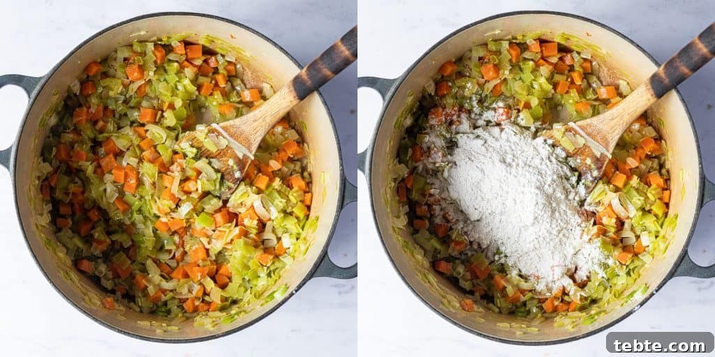Step 1 - a two image collage of frying the vegetables and adding the flour.