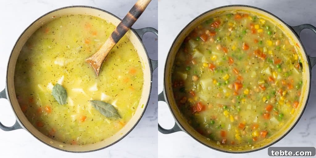 Step 2 - a two image collage of adding the stock, herbs and potatoes and adding the peas, sweetcorn and chickpeas.
