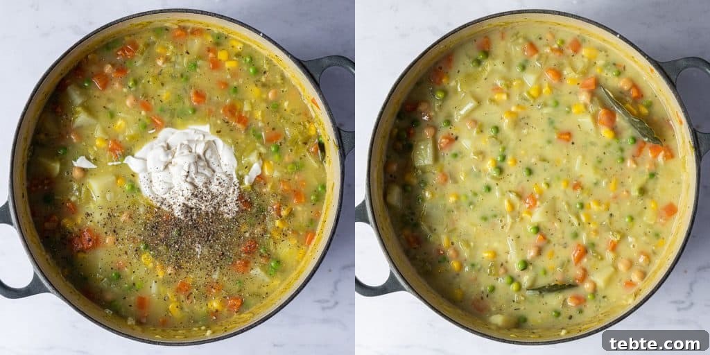 Step 3 - a two image collage of adding the cream and the finished soup.