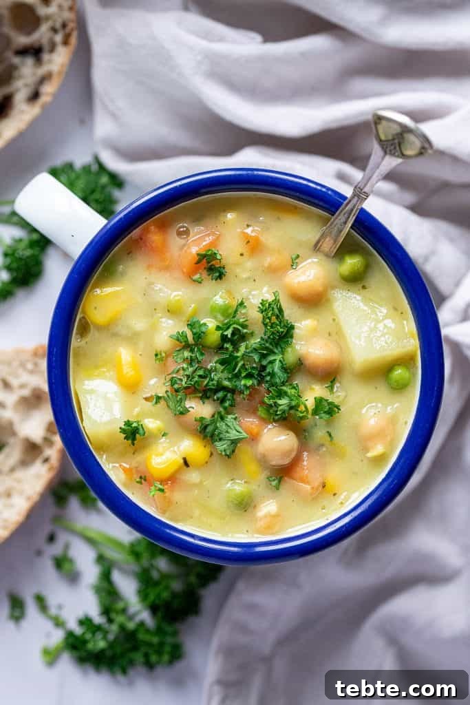 Close up of soup in a blue and white enamel mug.