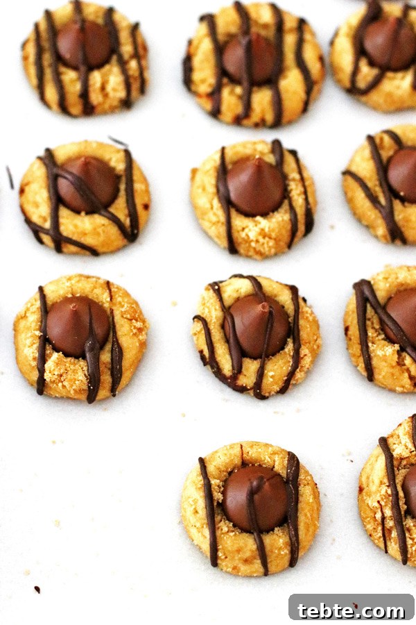 Peanut Butter Kiss Cookies Recipe — Chewy Chocolate-Stamped Treats 7 Cookies drizzled with chocolate on white parchment paper