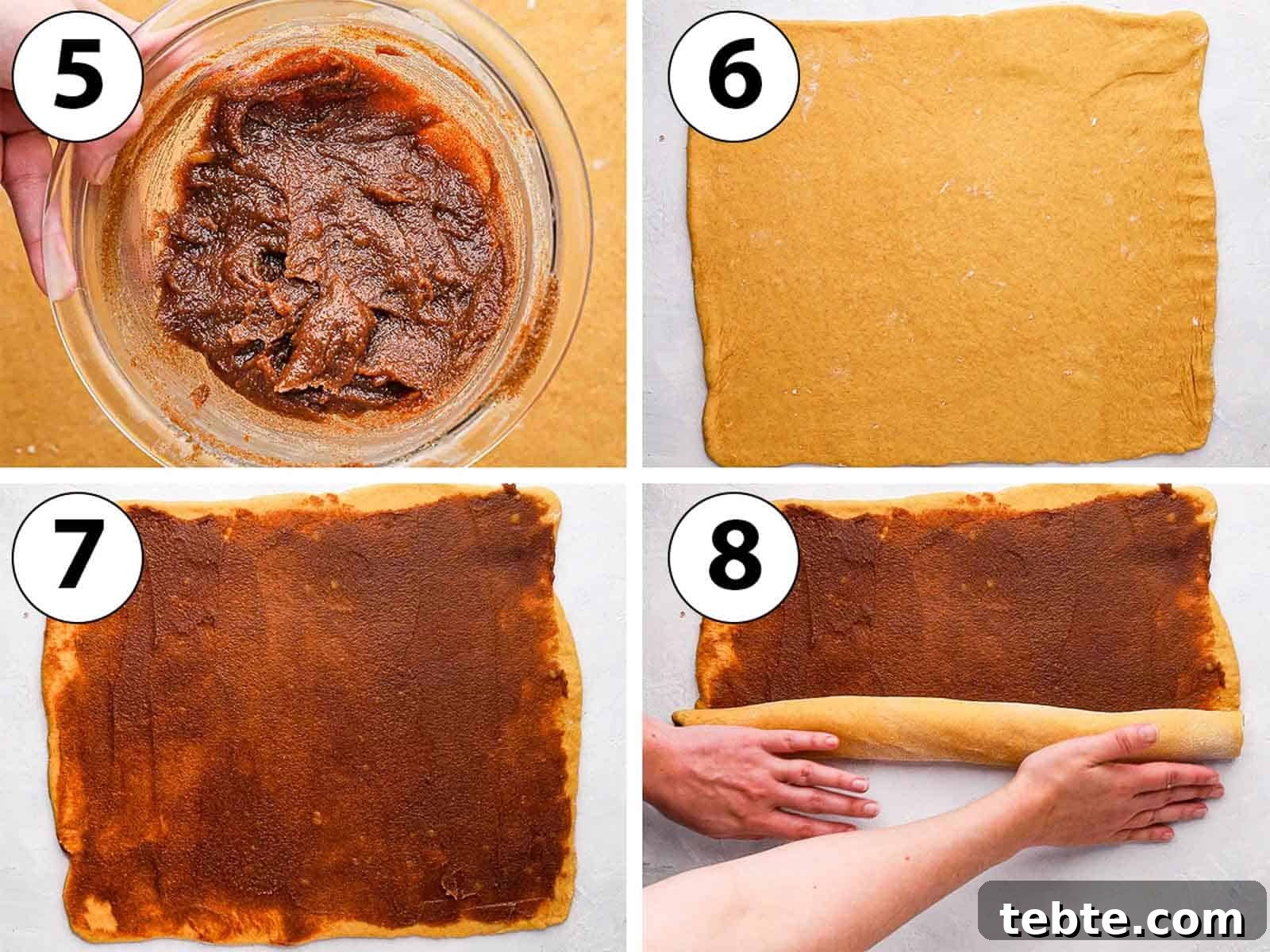 Cinnamon Babka Recipe: Soft, Swirled Brioche Loaf 6 Process Shot Collage: rolling the dough and adding the cinnamon filling.