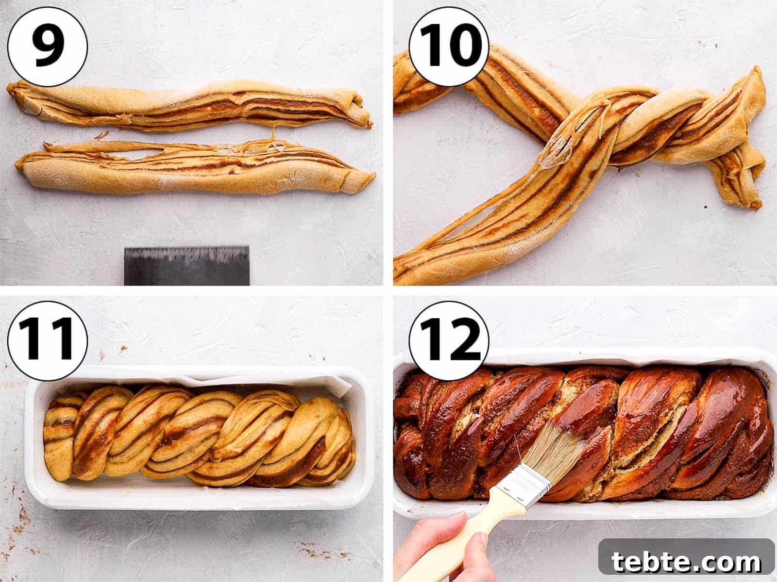 Cinnamon Babka Recipe: Soft, Swirled Brioche Loaf 7 Process Shot Collage: twisting the babka and baking it.