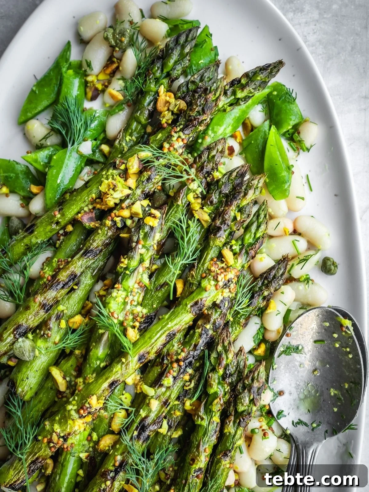 Grilled Asparagus and White Bean Salad with Lemon Vinaigrette 2 Grilled asparagus spears over a bed of chopped snap peas and white beans, garnished with pistachios.