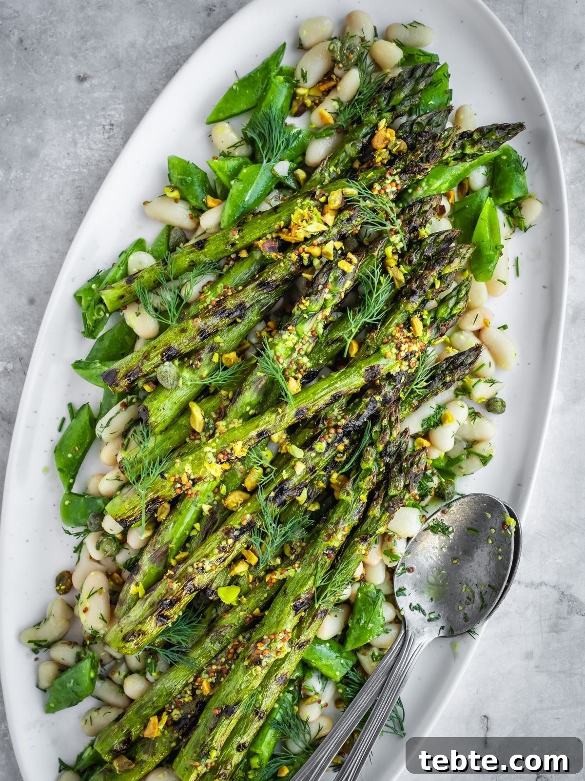 Grilled Asparagus and White Bean Salad with Lemon Vinaigrette 9 Grilled asparagus spears over a bed of chopped snap peas and white beans, garnished with pistachios.