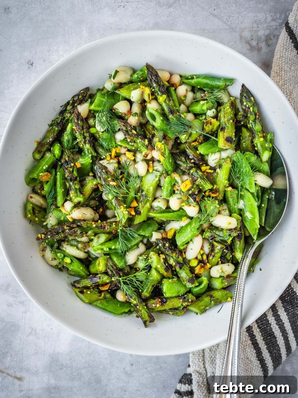 Grilled Asparagus and White Bean Salad with Lemon Vinaigrette 10 Grilled asparagus and white bean salad in a large bowl.