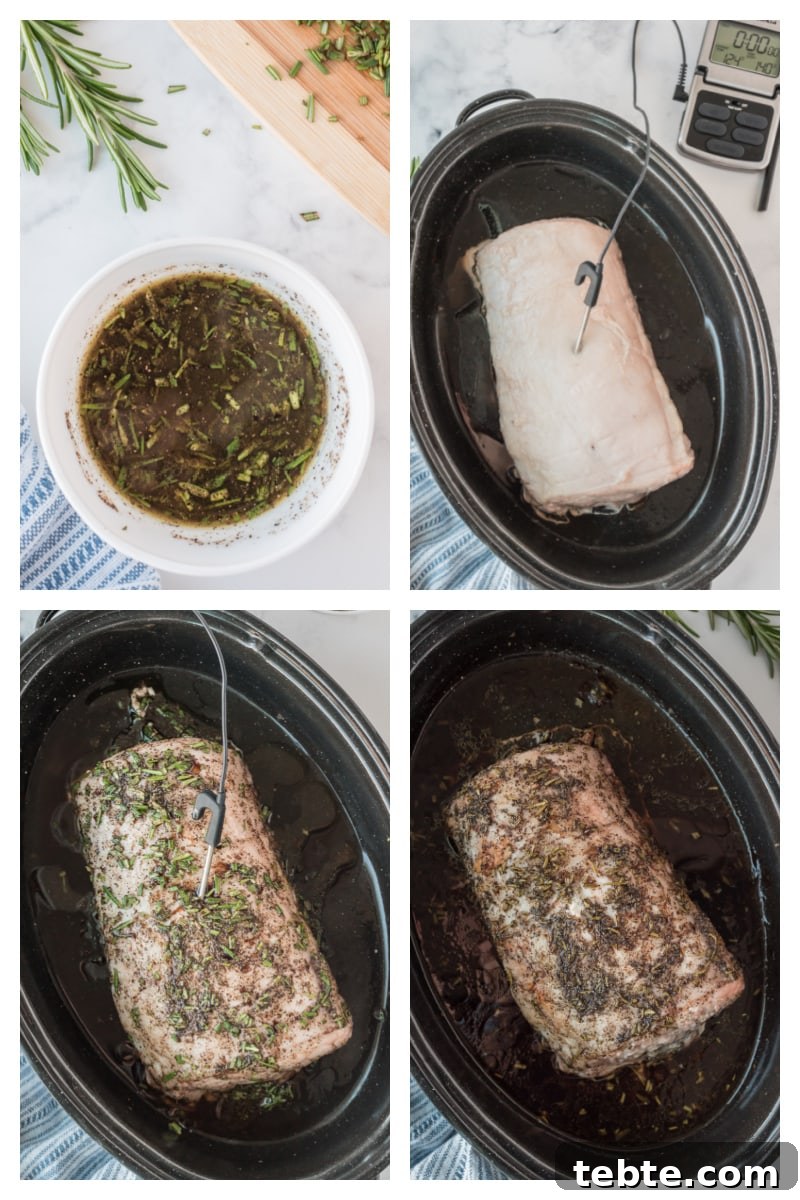 Rosemary Pork Roast four photos showing process of making rosemary pork roast in slow cooker
