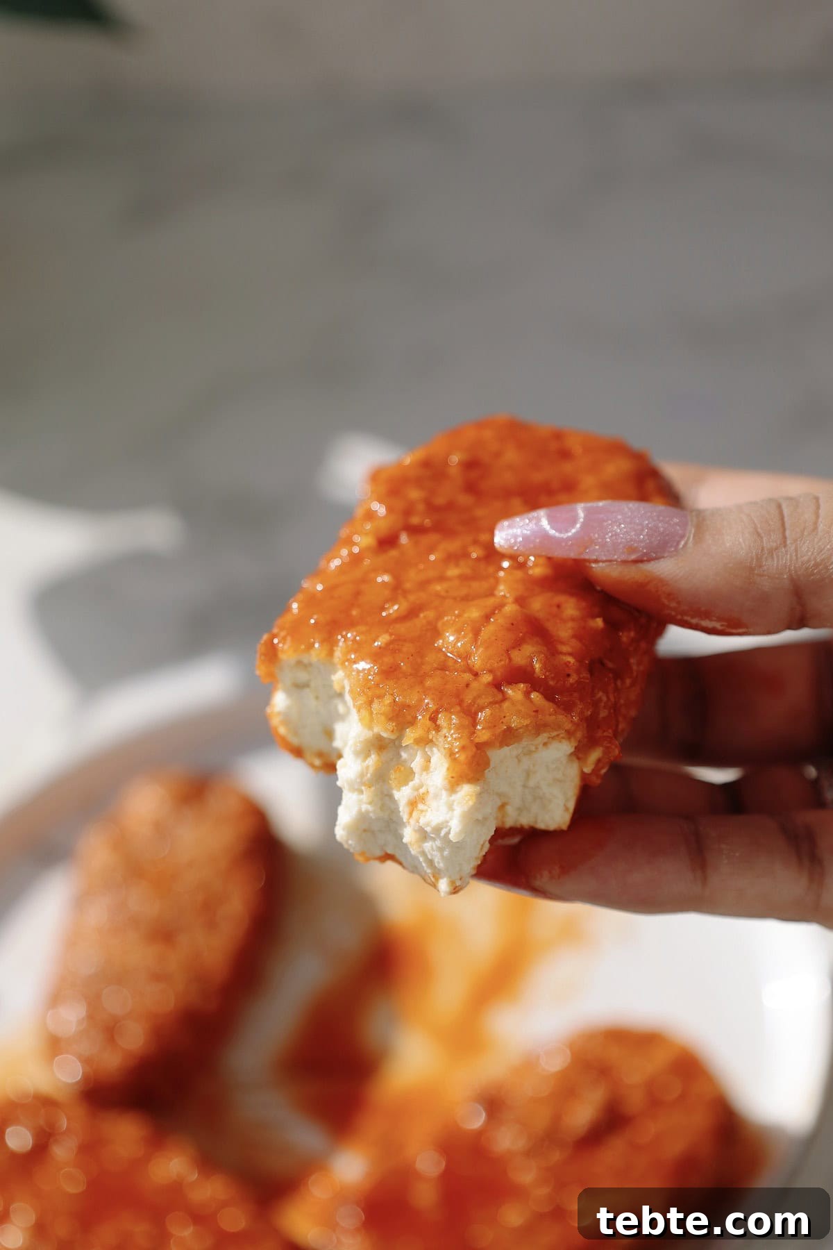 Crispy Buffalo Tofu Tenders (Air Fryer Recipe) 9 The tender is being held in someone's hand with a bite taken out of it.