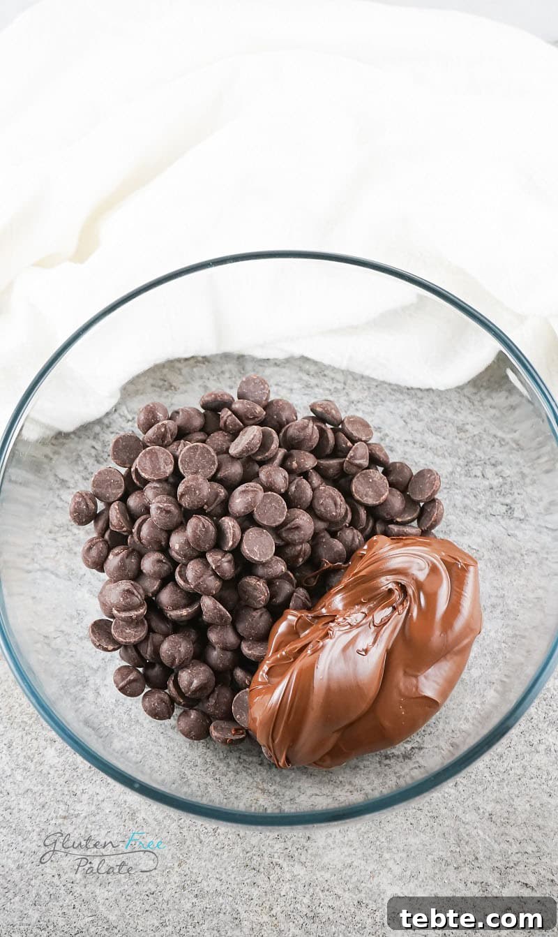 Quick 2-Ingredient Nutella Fudge Recipe 4 chocolate chips and nutella in a clear glass bowl