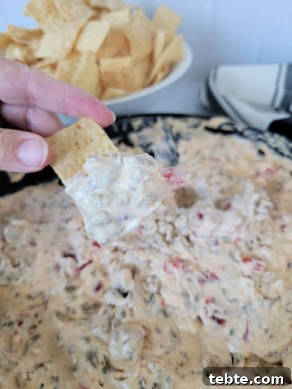 3-Ingredient Rotel and Sausage Dip Recipe 7 hand dipping a tortilla chip into Velveeta dip next to a bowl of tortilla chips