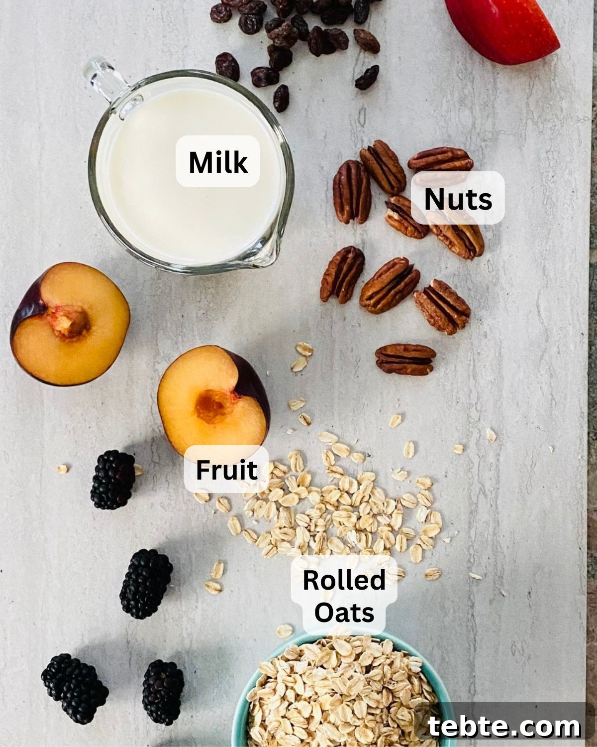 Overnight Oats Recipe + 10 Flavor Ideas for a Quick Breakfast 4 Rolled oats, plums, blackberries, milk, pecans.