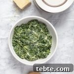 Healthy Creamed Spinach Recipe Overhead in Bowl