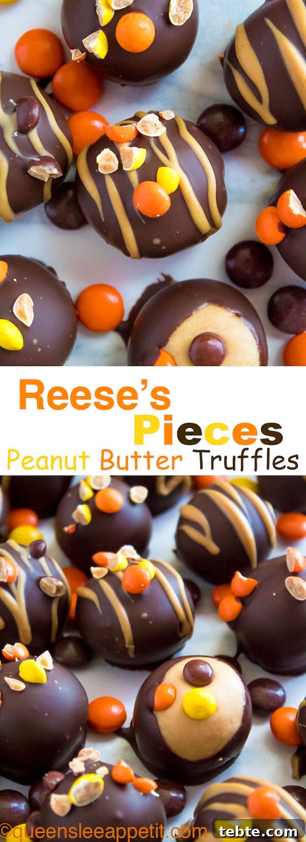Reese’s Pieces Peanut Butter Truffle Recipe for Candy Lovers 13 Reese's Pieces Peanut Butter Truffles— smooth and creamy peanut butter balls, loaded with mini Reese's Pieces, coated with dark chocolate and drizzled with melted peanut butter!