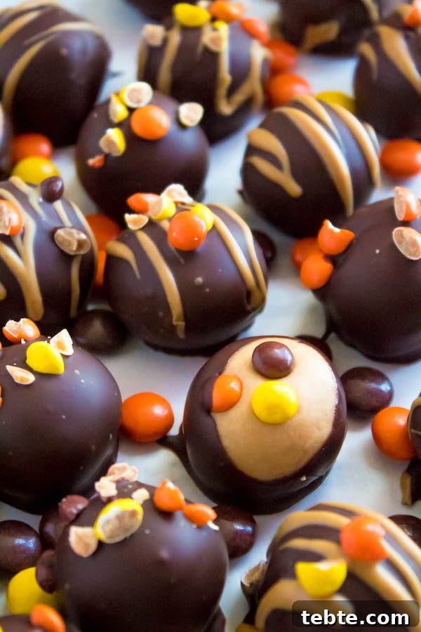 Reese’s Pieces Peanut Butter Truffle Recipe for Candy Lovers 3 Reese's Pieces Peanut Butter Truffles— smooth and creamy peanut butter balls, loaded with mini Reese's Pieces, coated with dark chocolate and drizzled with melted peanut butter!