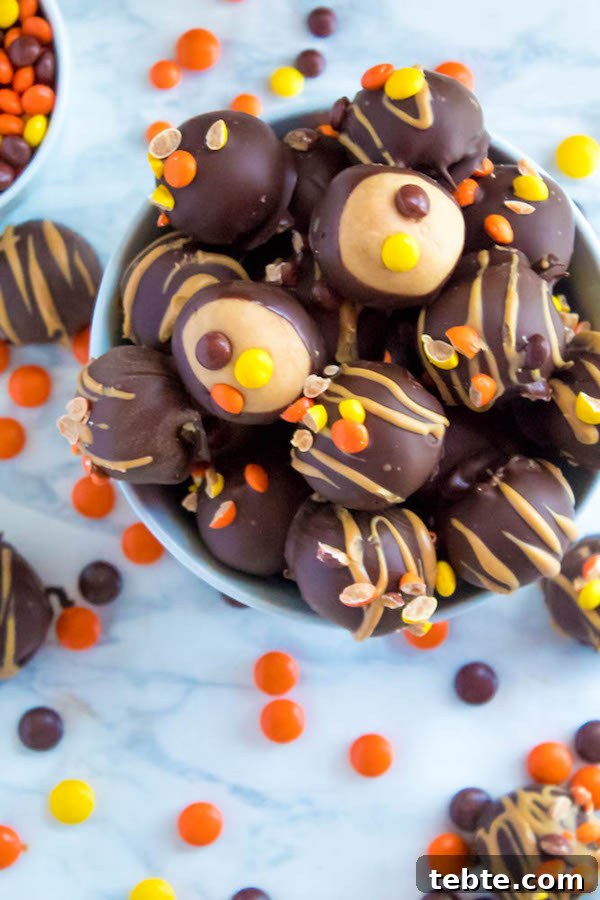 Reese’s Pieces Peanut Butter Truffle Recipe for Candy Lovers 6 Reese's Pieces Peanut Butter Truffles— smooth and creamy peanut butter balls, loaded with mini Reese's Pieces, coated with dark chocolate and drizzled with melted peanut butter!