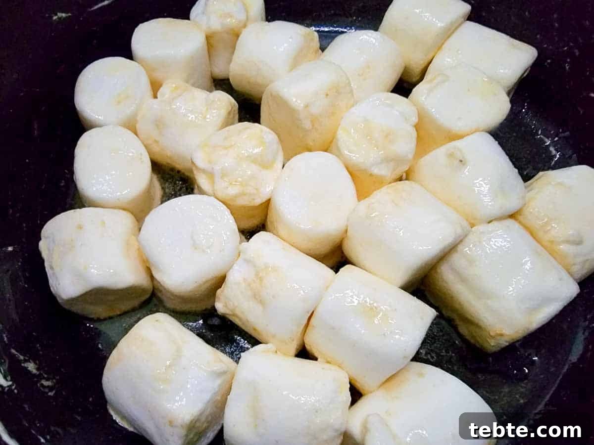Small-Batch Rice Krispie Treats Recipe 4 large marshmallows cooking in butter.