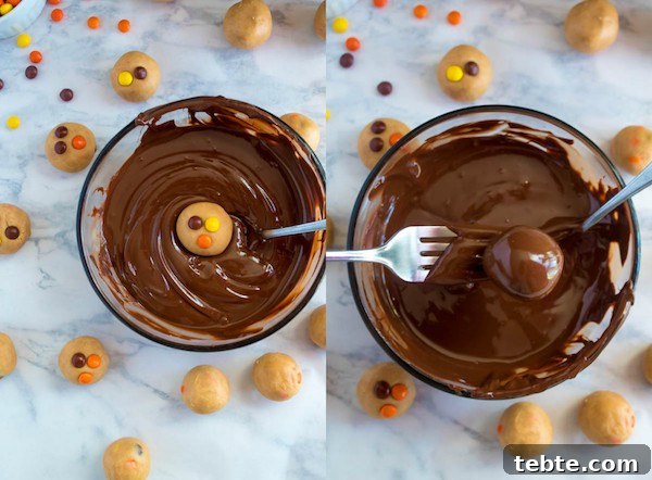 Reese’s Pieces Peanut Butter Truffle Recipe for Candy Lovers 8 Reese's Pieces Peanut Butter Truffles— smooth and creamy peanut butter balls, loaded with mini Reese's Pieces, coated with dark chocolate and drizzled with melted peanut butter!