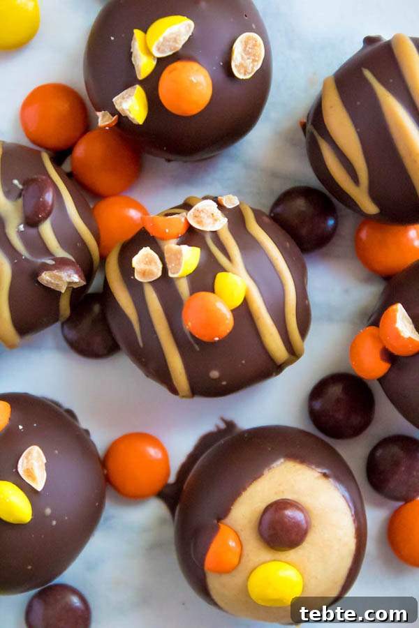 Reese’s Pieces Peanut Butter Truffle Recipe for Candy Lovers 10 Reese's Pieces Peanut Butter Truffles— smooth and creamy peanut butter balls, loaded with mini Reese's Pieces, coated with dark chocolate and drizzled with melted peanut butter!
