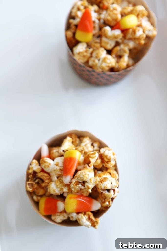Halloween Caramel Corn Recipe: Sweet & Crunchy Party Snack 4 Overhead close up of Halloween Caramel Corn in two bowls