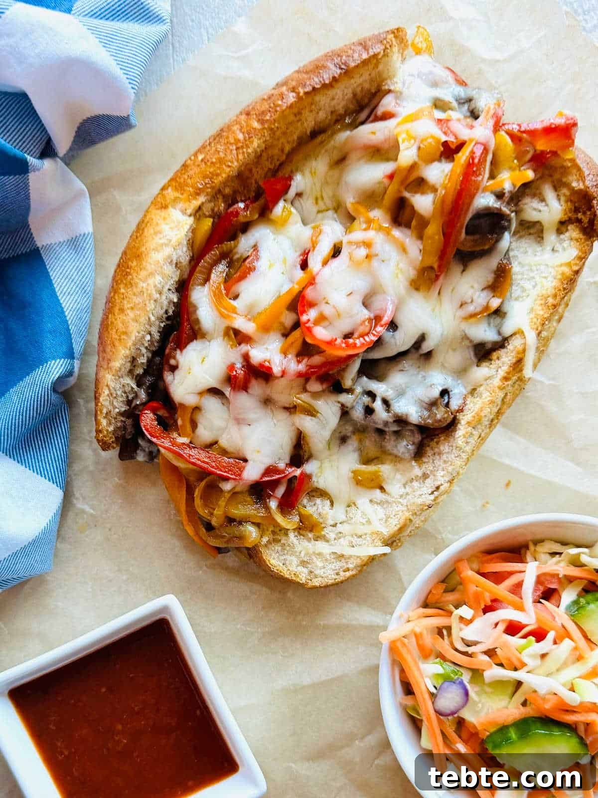 Blackstone Philly Cheesesteak Recipe: Authentic Griddle Sandwich Guide 2 Blackstone philly cheesesteak on a toasted bun, covered in melted cheese with a side of hot sauce.