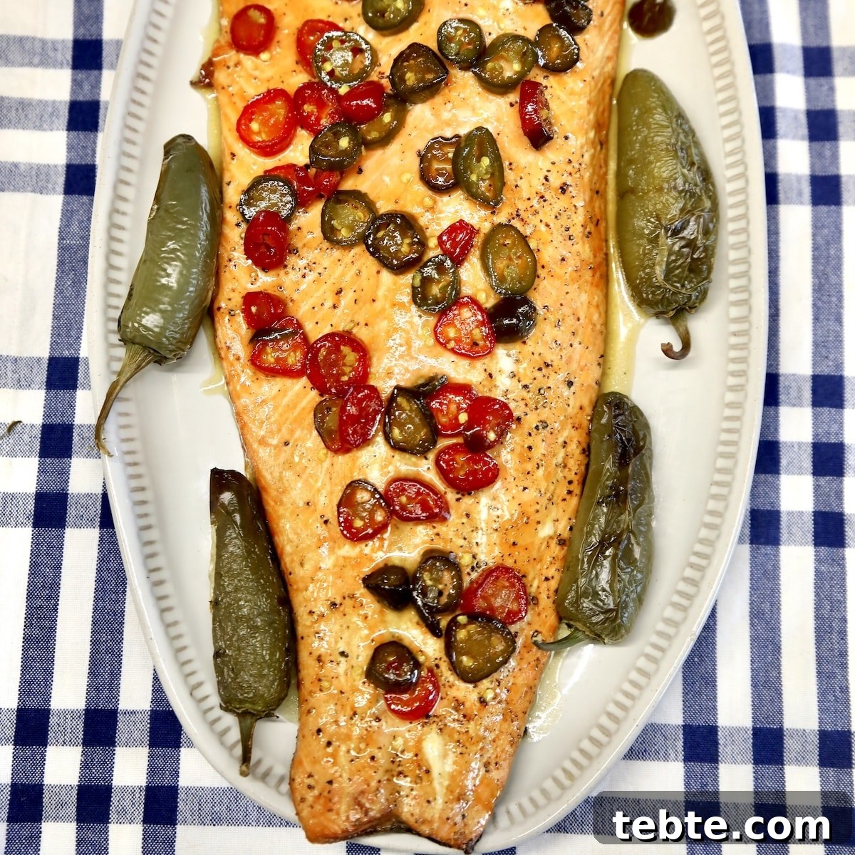 Orange Glazed Salmon Recipe with Citrus Soy Glaze 12 Jalapeno honey butter salmon on a platter.