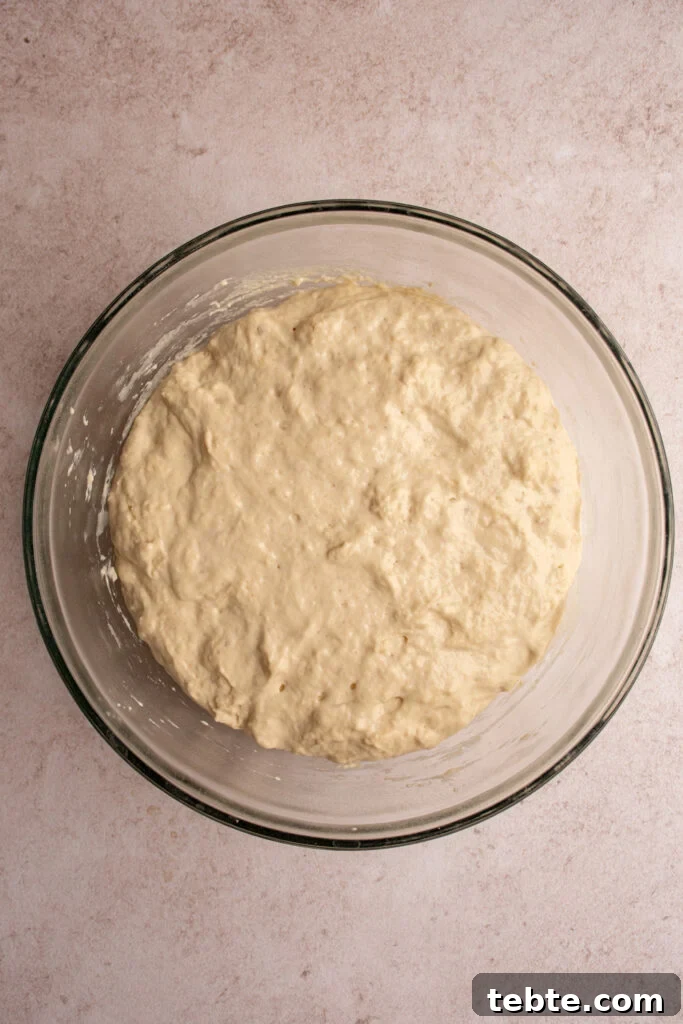 Authentic Italian Focaccia Bread Recipe 6 The risen focaccia dough in a glass bowl.