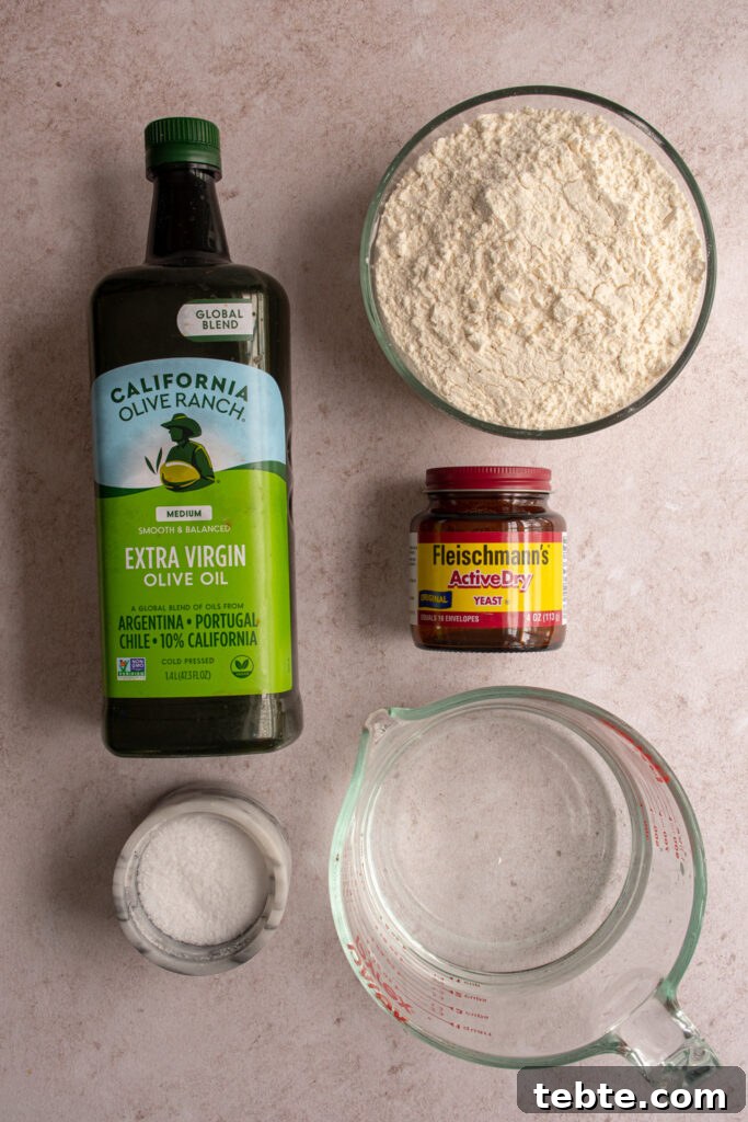 Authentic Italian Focaccia Bread Recipe 4 Ingredients needed to make focaccia bread.