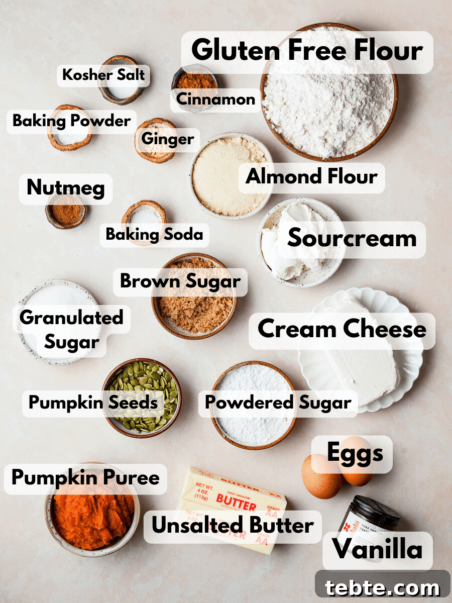 a collage of ingredients needed to make gluten free pumpkin cream cheese muffins with pumpkin seed streusel
