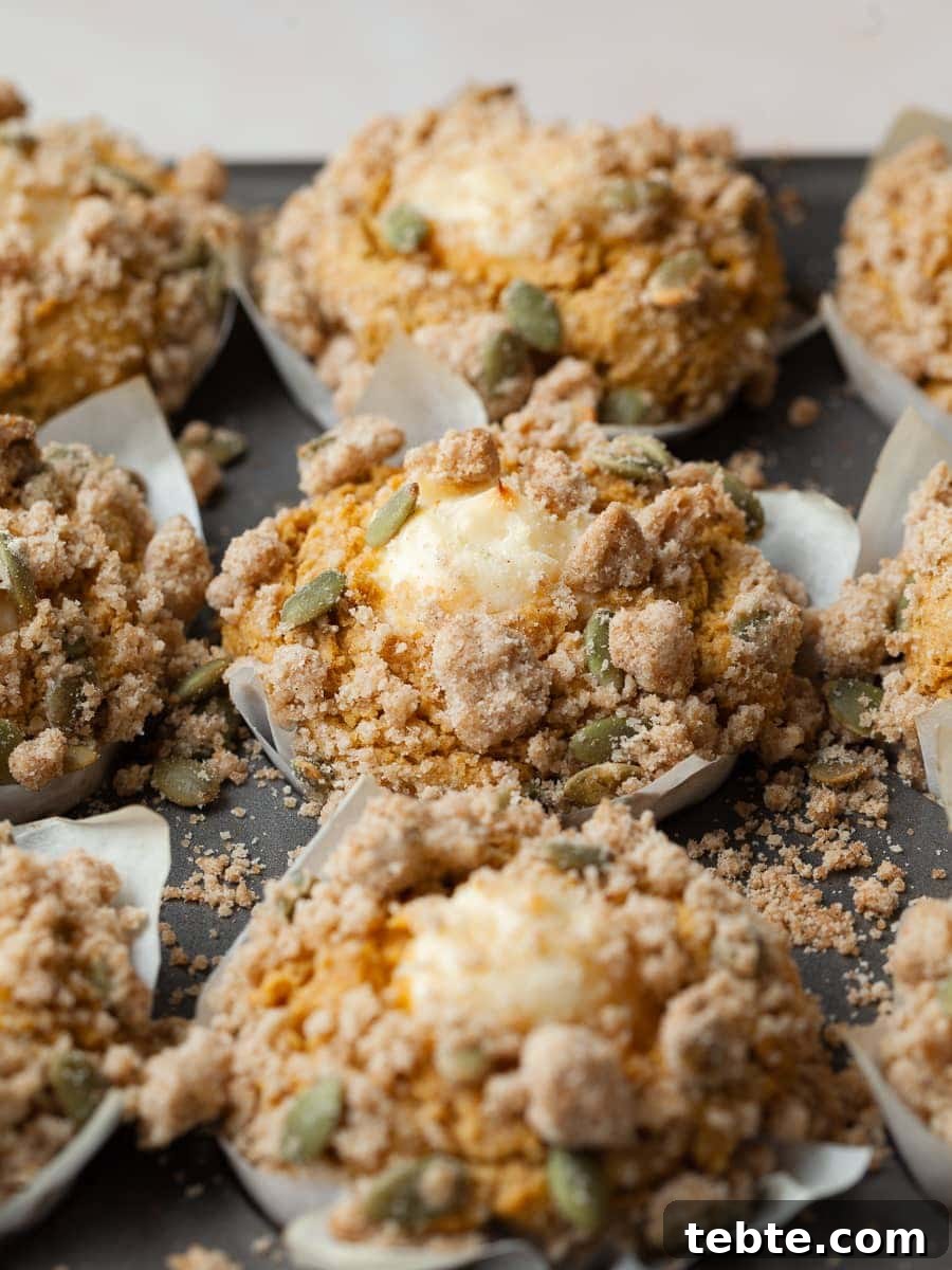 freshly baked gluten free pumpkin cream cheese muffins topped with pumpkin seed streusel