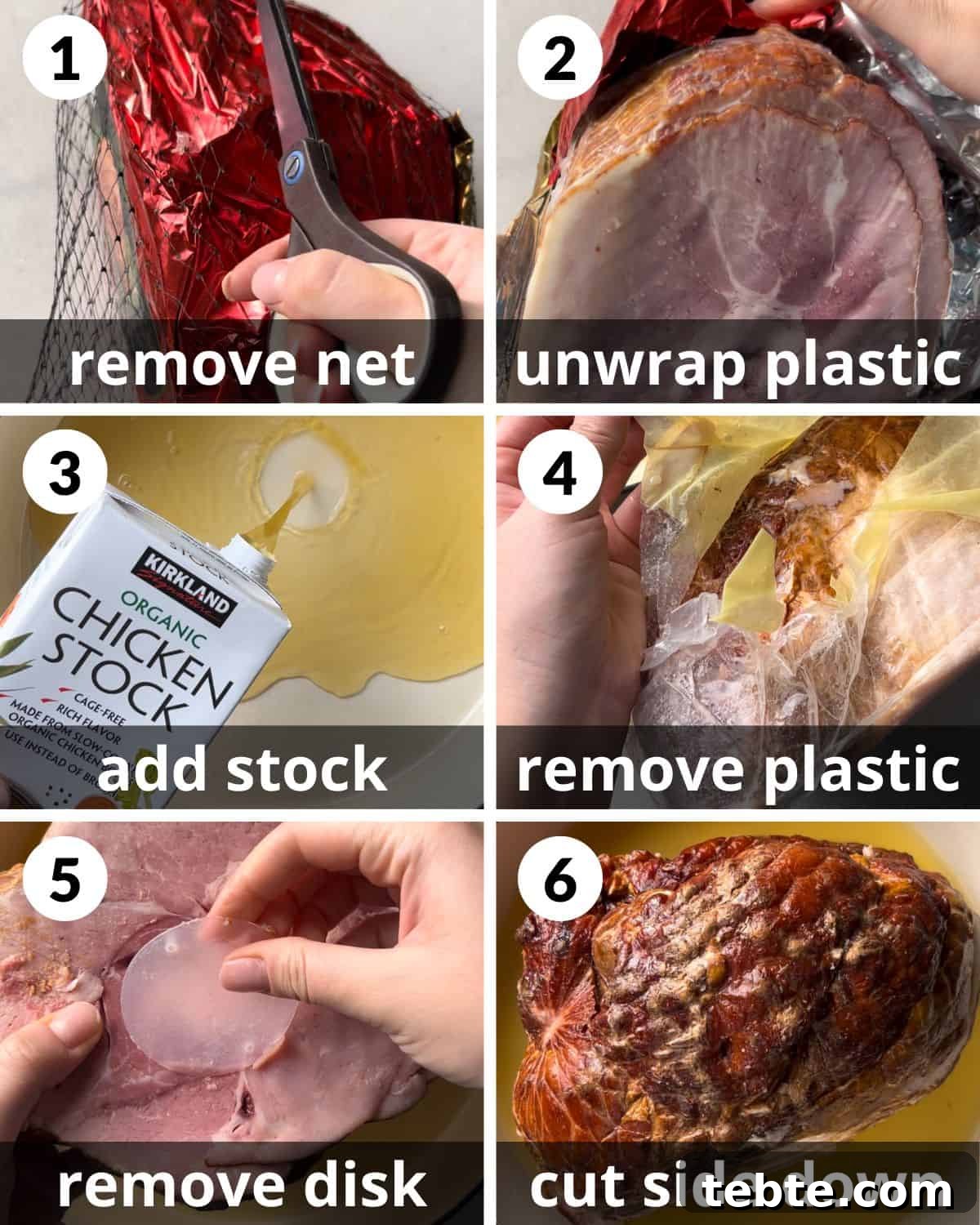 How to Cook a Spiral-Cut Ham for Juicy, Even Results 4 A 6 photo collage showing how to cook a spiral ham.